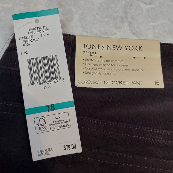 Jones New York Sport Espresso Dark Brown Corduroy Straight Leg Pants Size 16 - Picture 12 of 12